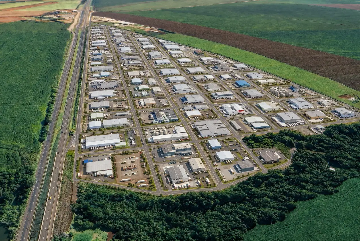 Vista aérea panorâmica do Loteamento Industrial Hanel em Peabiru/PR, com galpões, ruas internas e rodovia ao lado